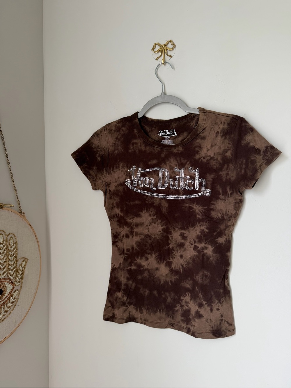 Von Dutch Brown Tie-Dye Rhinestone Logo short sleeve shirt
